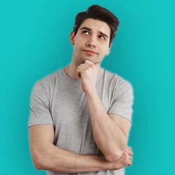 An image of a young man thinking in a blue background
