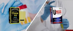 A comparison image of Quick Fix and UPass synthetic urine